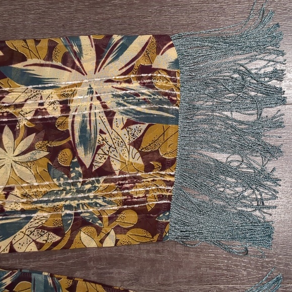 Long Fringe Boho Scarf Teal & Brown Floral Sheer Metallic Stripes 67" Wrap - Picture 8 of 12